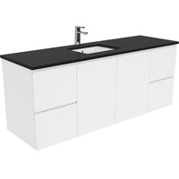 Fienza Fingerpull Gloss White 1500 Wall Hung Cabinet, Solid Doors , With Stone Top - Black Sparkle Single Bowl