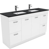 Fienza UniCab Gloss White 1500 Cabinet on Kickboard, Solid Doors , With Stone Top - Black Sparkle Double Bowl