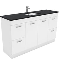 Fienza UniCab Gloss White 1500 Cabinet on Kickboard, Solid Doors , With Stone Top - Black Sparkle Single Bowl