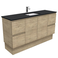 Fienza Edge Scandi Oak 1500 Cabinet on Kickboard, Solid Doors, Bevelled Edge , With Stone Top - Black Sparkle Single Bowl