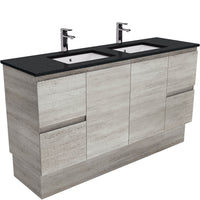 Fienza Edge Industrial 1500 Cabinet on Kickboard, Solid Doors, Bevelled Edge , With Stone Top - Black Sparkle Double Bowl