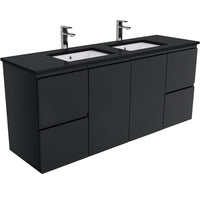 Fienza Fingerpull Satin Black 1500 Wall Hung Cabinet, Solid Doors , With Stone Top - Black Sparkle Double Bowl