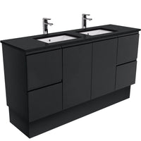 Fienza Fingerpull Satin Black 1500 Cabinet on Kickboard, Solid Doors , With Stone Top - Black Sparkle Double Bowl