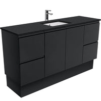 Fienza Fingerpull Satin Black 1500 Cabinet on Kickboard, Solid Doors , With Stone Top - Black Sparkle Single Bowl