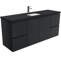 Fienza Fingerpull Satin Black 1500 Wall Hung Cabinet, Solid Doors , With Stone Top - Black Sparkle Single Bowl