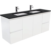Fienza Fingerpull Satin White 1500 Wall Hung Cabinet, Solid Doors , With Stone Top - Black Sparkle Double Bowl