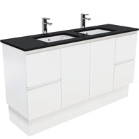 Fienza Fingerpull Satin White 1500 Cabinet on Kickboard, Solid Doors , With Stone Top - Black Sparkle Double Bowl
