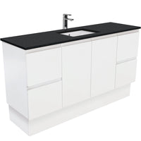Fienza Fingerpull Satin White 1500 Cabinet on Kickboard, Solid Doors , With Stone Top - Black Sparkle Single Bowl