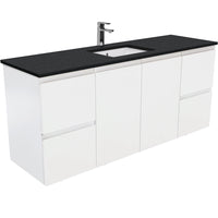 Fienza Fingerpull Satin White 1500 Wall Hung Cabinet, Solid Doors , With Stone Top - Black Sparkle Single Bowl