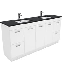Fienza UniCab Gloss White 1800 Cabinet on Kickboard, Solid Doors , With Stone Top - Black Sparkle Double Bowl
