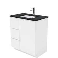 Fienza Fingerpull Gloss White 750 Cabinet on Kickboard, Solid Door , With Stone Top - Black Sparkle Left Hand Drawer