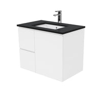 Fienza Fingerpull Gloss White 750 Wall Hung Cabinet, Solid Door , With Stone Top - Black Sparkle Left Hand Drawer