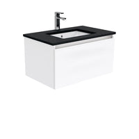Fienza Manu Gloss White 750 Wall-Hung Cabinet, Solid Drawer , With Stone Top - Black Sparkle