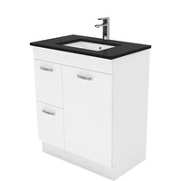 Fienza UniCab Gloss White 750 Cabinet on Kickboard , With Stone Top - Black Sparkle Left Hand Drawer
