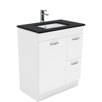 Fienza UniCab Gloss White 750 Cabinet on Kickboard , With Stone Top - Black Sparkle Right Hand Drawer