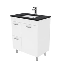 Fienza UniCab 750 Gloss White Cabinet on Legs, Left Hand Drawers, Solid Doors , With Stone Top - Black Sparkle