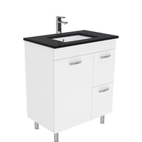 Fienza UniCab 750 Gloss White Cabinet on Legs, Right Hand Drawers, Solid Doors , With Stone Top - Black Sparkle