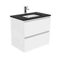 Fienza Quest Gloss White 750 Wall Hung Cabinet, 2 Solid Drawers , With Stone Top - Black Sparkle