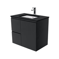Fienza Fingerpull Satin Black 750 Wall Hung Cabinet, Solid Door , With Stone Top - Black Sparkle Left Hand Drawer