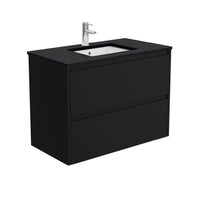 Fienza Amato Satin Black 900 Wall Hung Cabinet, 2 Solid Drawers, Bevelled Edge , With Stone Top - Black Sparkle Satin Black Panels