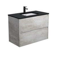 Fienza Amato Industrial 900 Wall Hung Cabinet, 2 Solid Drawers, Bevelled Edge , With Stone Top - Black Sparkle Industrial Panels