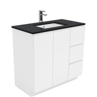 Fienza Fingerpull Gloss White 900 Cabinet on Kickboard , With Stone Top - Black Sparkle Right Hand Drawer