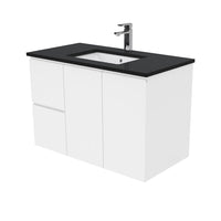 Fienza Fingerpull Gloss White 900 Wall Hung Cabinet, 2 Solid Drawers, Bevelled Edge , With Stone Top - Black Sparkle Left Hand Drawer