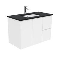 Fienza Fingerpull Gloss White 900 Wall Hung Cabinet, 2 Solid Drawers, Bevelled Edge , With Stone Top - Black Sparkle Right Hand Drawer