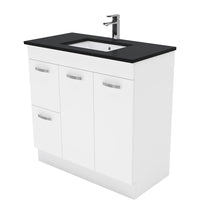 Fienza UniCab Gloss White 900 Cabinet on Kickboard, Solid Doors , With Stone Top - Black Sparkle Left Hand Drawer