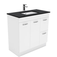 Fienza UniCab Gloss White 900 Cabinet on Kickboard, Solid Doors , With Stone Top - Black Sparkle Right Hand Drawer