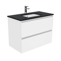 Fienza Quest Gloss White 900 Wall Hung Cabinet, 2 Solid Drawers , With Stone Top - Black Sparkle