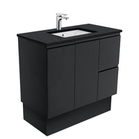 Fienza Fingerpull Satin Black 900 Cabinet on Kickboard, Solid Doors , With Stone Top - Black Sparkle Right Hand Drawer