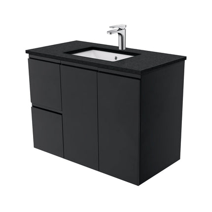 Fienza Fingerpull Satin Black 900 Wall Hung Cabinet, Solid Doors , With Stone Top - Black Sparkle Left Hand Drawer