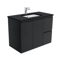 Fienza Fingerpull Satin Black 900 Wall Hung Cabinet, Solid Doors , With Stone Top - Black Sparkle Right Hand Drawer