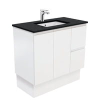 Fienza Fingerpull Satin White 900 Cabinet on Kickboard, Solid Doors , With Stone Top - Black Sparkle Right Hand Drawer