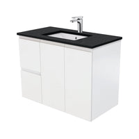 Fienza Fingerpull Satin White 900 Wall Hung Cabinet, Solid Doors , With Stone Top - Black Sparkle Left Hand Drawer