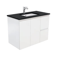 Fienza Fingerpull Satin White 900 Wall Hung Cabinet, Solid Doors , With Stone Top - Black Sparkle Right Hand Drawer