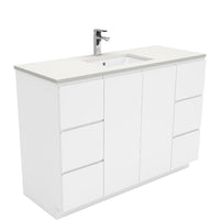 Fienza Fingerpull Gloss White 1200 Cabinet on Kickboard, Solid Doors , With Stone Top - Crystal Pure