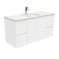 Fienza Fingerpull Gloss White 1200 Wall Hung Cabinet, Solid Doors , With Stone Top - Crystal Pure