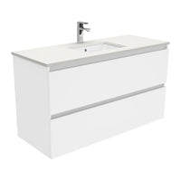 Fienza Quest Gloss White 1200 Wall Hung Cabinet, 2 Solid Drawers , With Stone Top - Crystal Pure