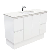 Fienza Fingerpull Satin White 1200 Cabinet on Kickboard, Solid Doors , With Stone Top - Crystal Pure