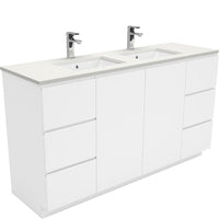 Fienza Fingerpull Gloss White 1500 Cabinet on Kickboard, Solid Doors , With Stone Top - Crystal Pure Double Bowl