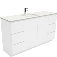 Fienza Fingerpull Gloss White 1500 Cabinet on Kickboard, Solid Doors , With Stone Top - Crystal Pure Single Bowl