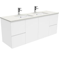 Fienza Fingerpull Gloss White 1500 Wall Hung Cabinet, Solid Doors , With Stone Top - Crystal Pure Double Bowl