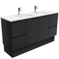 Fienza Fingerpull Satin Black 1500 Cabinet on Kickboard, Solid Doors , With Stone Top - Crystal Pure Double Bowl