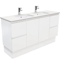 Fienza Fingerpull Satin White 1500 Cabinet on Kickboard, Solid Doors , With Stone Top - Crystal Pure Double Bowl
