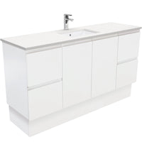 Fienza Fingerpull Satin White 1500 Cabinet on Kickboard, Solid Doors , With Stone Top - Crystal Pure Single Bowl