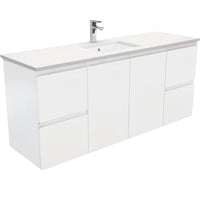 Fienza Fingerpull Satin White 1500 Wall Hung Cabinet, Solid Doors , With Stone Top - Crystal Pure Single Bowl