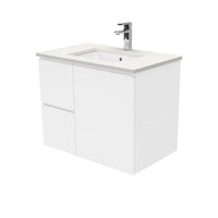 Fienza Fingerpull Gloss White 750 Wall Hung Cabinet, Solid Door , With Stone Top - Crystal Pure Left Hand Drawer