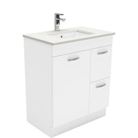 Fienza UniCab Gloss White 750 Cabinet on Kickboard , With Stone Top - Crystal Pure Right Hand Drawer